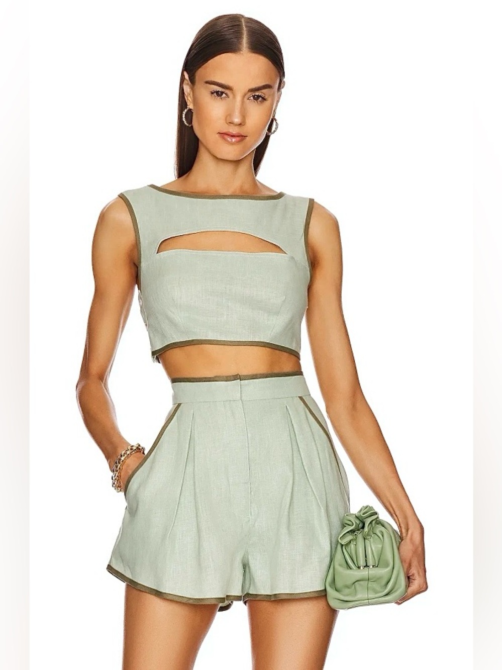 MATTHEW BRUCH Linen 2 Piece Matching Set Bound Cutout Crop Top & Pleated Short 2
